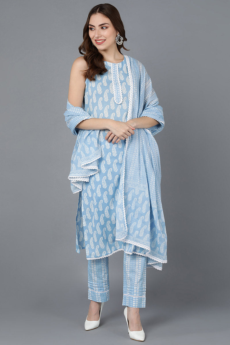 Ahika Women Blue Pure Cotton Kurta Trousers With Dupatta