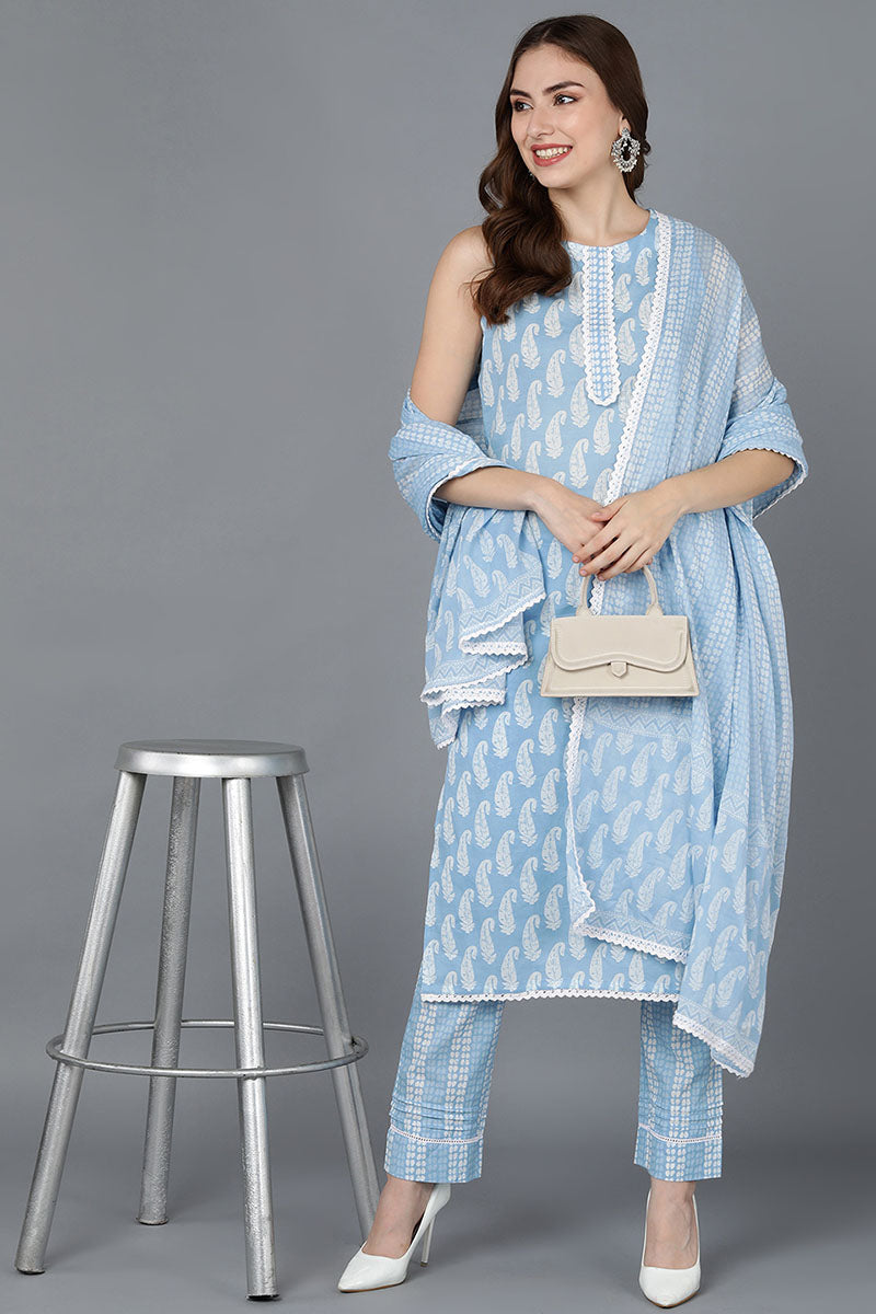 Ahika Women Blue Pure Cotton Kurta Trousers With Dupatta