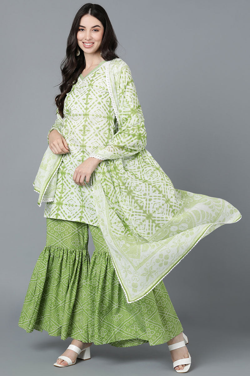 Ahika Women Green Cotton Dyed Printed Kurta Sharara With Dupatta 