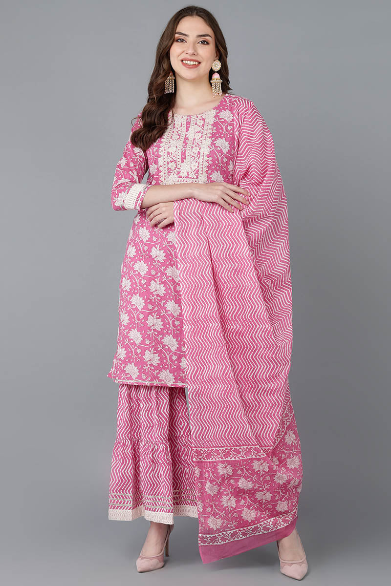 Ahika Women Pink Pure Cotton Kurta Sharara With Dupatta