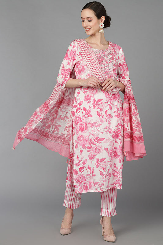 Pink Pure Cotton Floral Straight Kurta Trousers With Dupatta