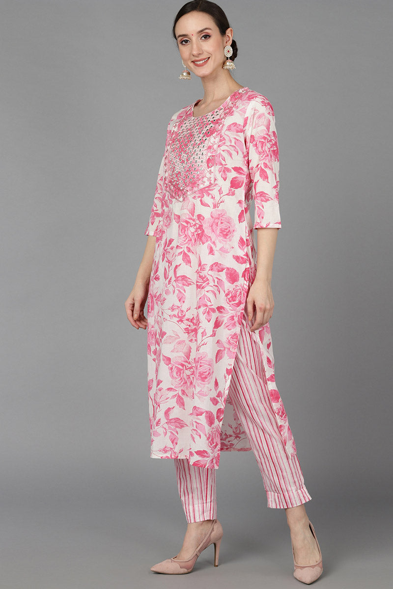 Pink Pure Cotton Floral Straight Kurta Trousers With Dupatta