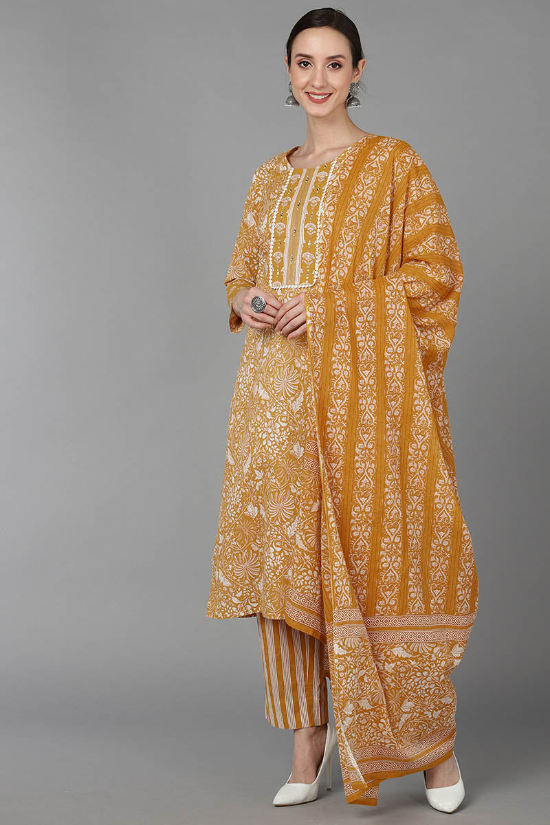 Mustard Pure Cotton Printed Kurta Trousers With Dupatta VKSKD1491