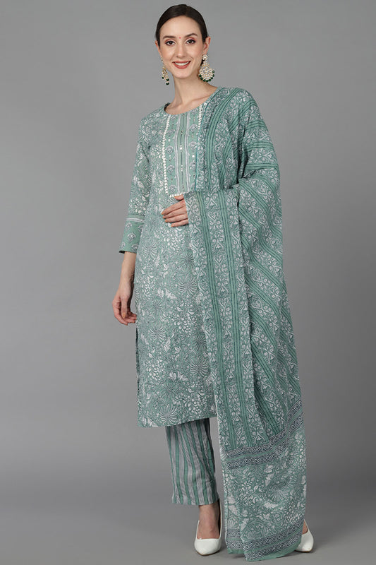 Ahika Women Green Pure Cotton Printed Kurta Trousers With Dupatta