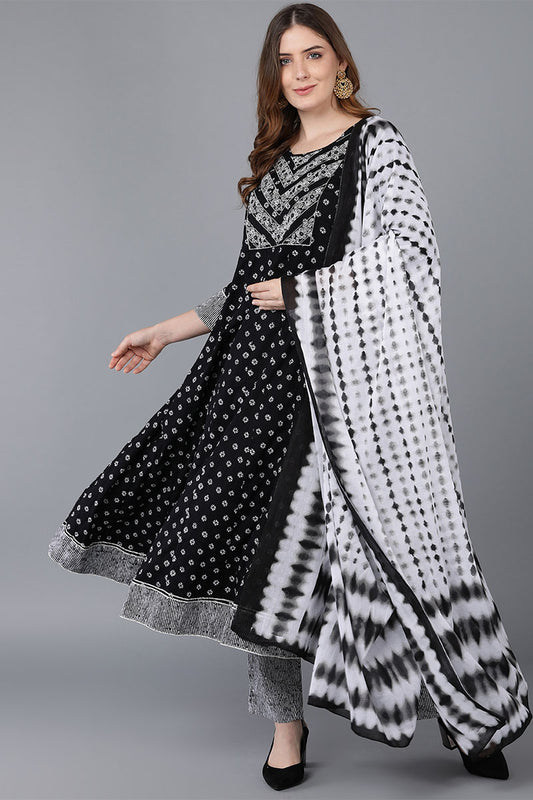 Black Pure Cotton Anarkali Suit Set VKSKD1537