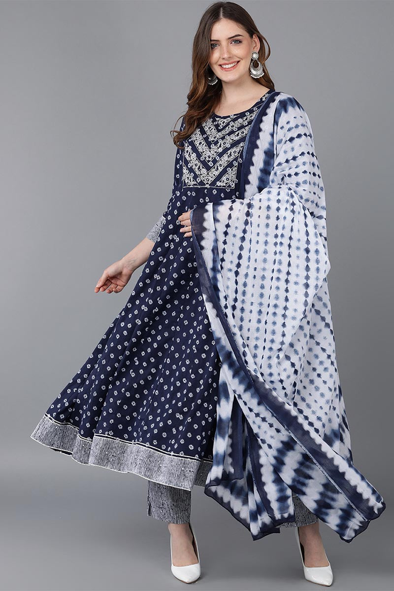 Blue Pure Cotton Anarkali Suit Set VKSKD1538