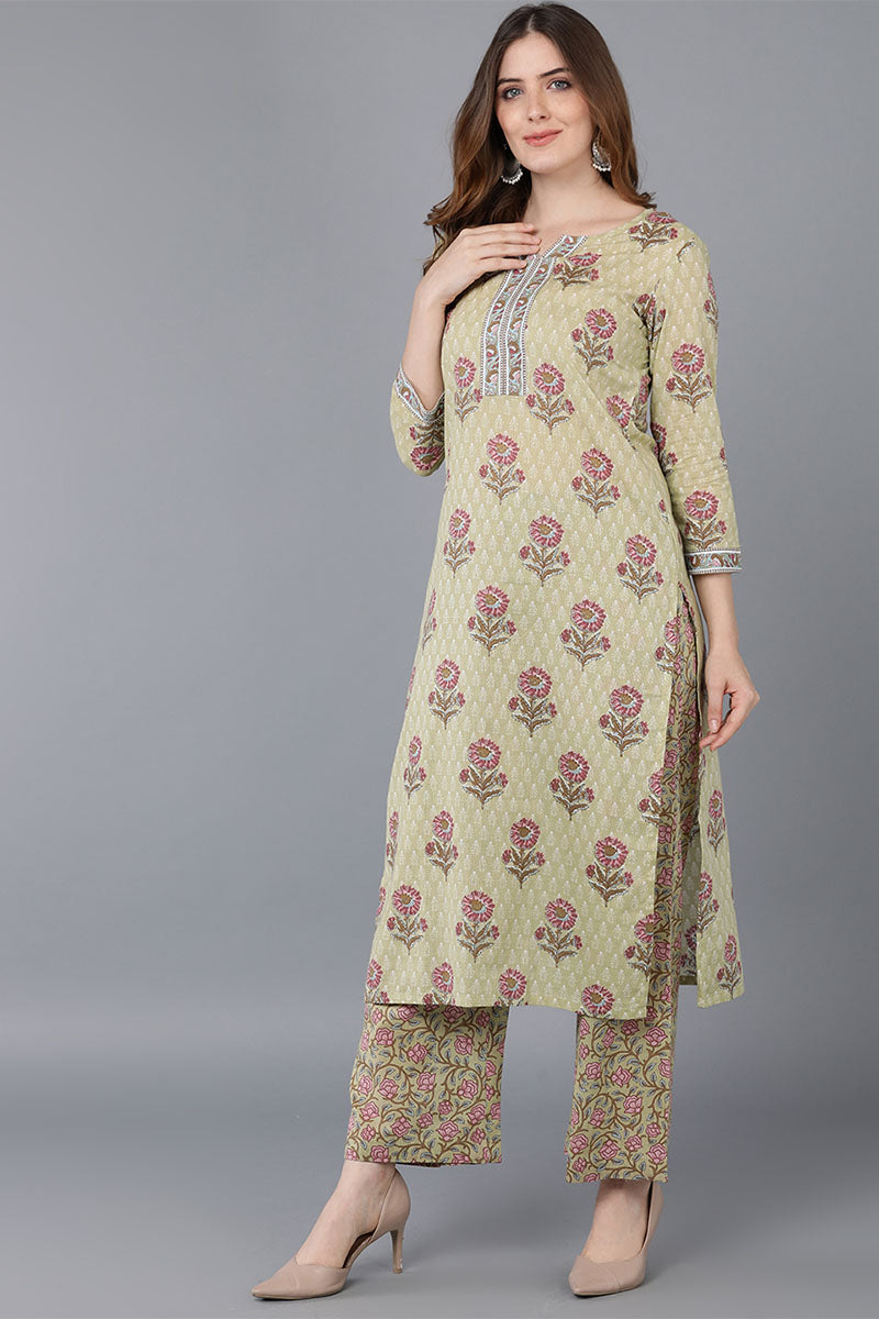 Olive Green Cotton Straight Kurta Palazzo With Dupatta VKSKD1543