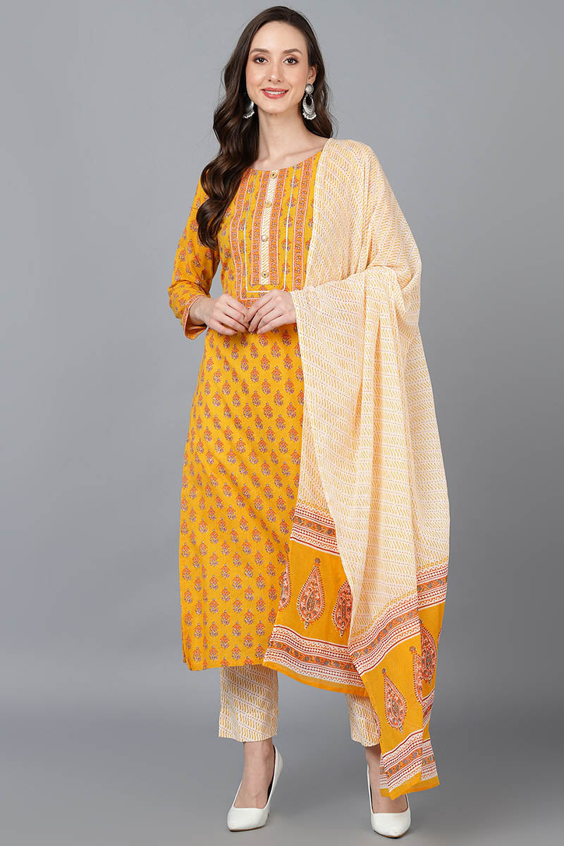 Ahika Women Mustard Pure Cotton Floral Printed Kurta Trousers With Dupatta