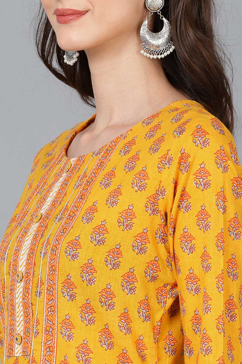 Ahika Women Mustard Pure Cotton Floral Printed Kurta Trousers With Dupatta