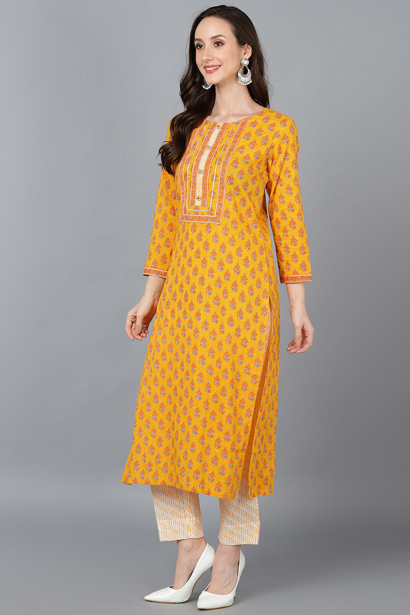 Ahika Women Mustard Pure Cotton Floral Printed Kurta Trousers With Dupatta