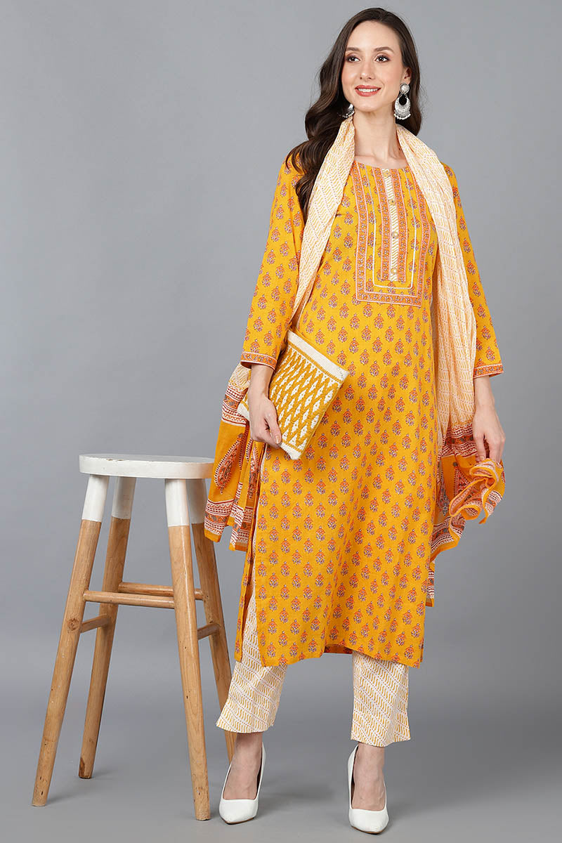 Ahika Women Mustard Pure Cotton Floral Printed Kurta Trousers With Dupatta