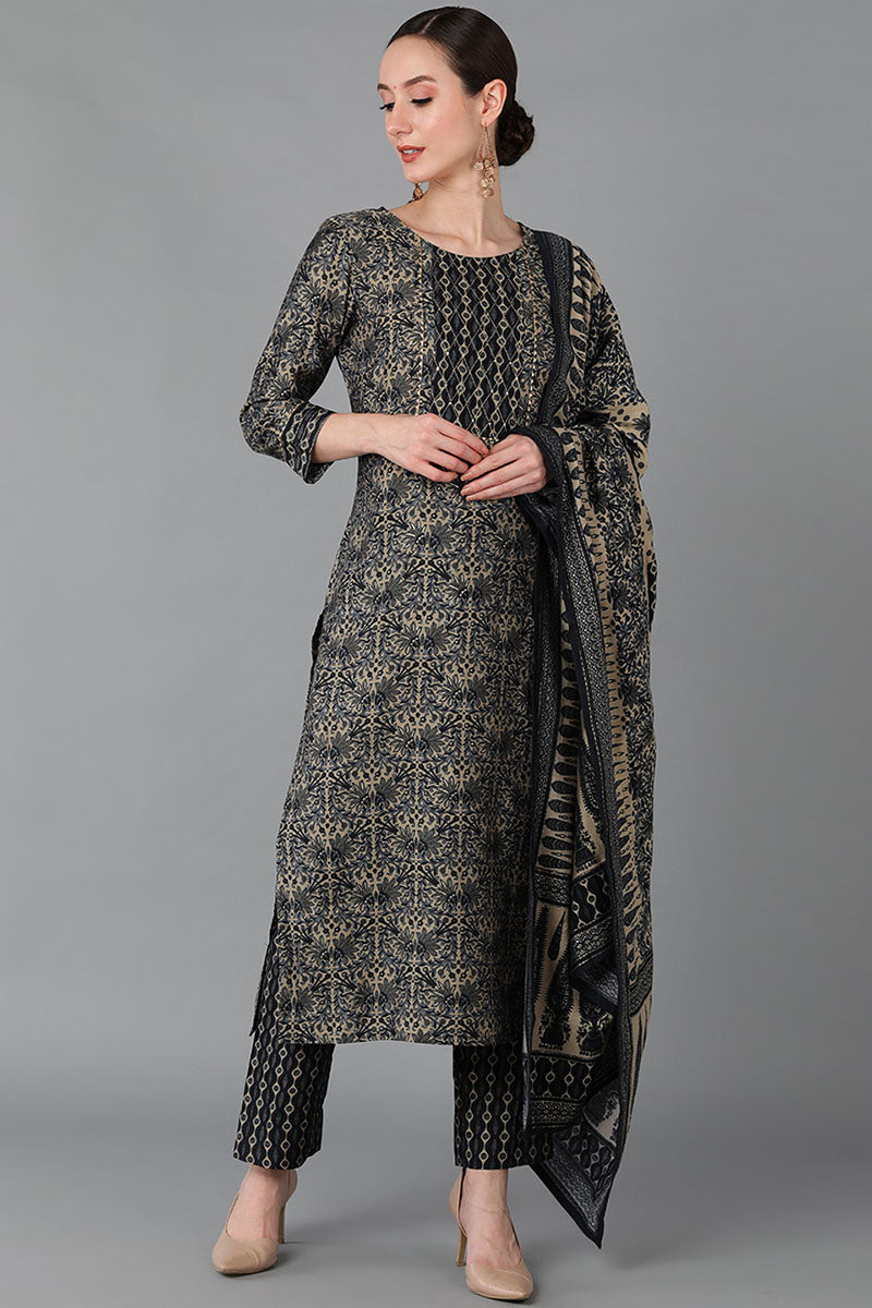 Ahika Women Black Silk Blend Printed Kurta Trousers With Dupatta