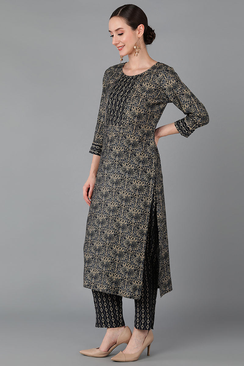 Ahika Women Black Silk Blend Printed Kurta Trousers With Dupatta