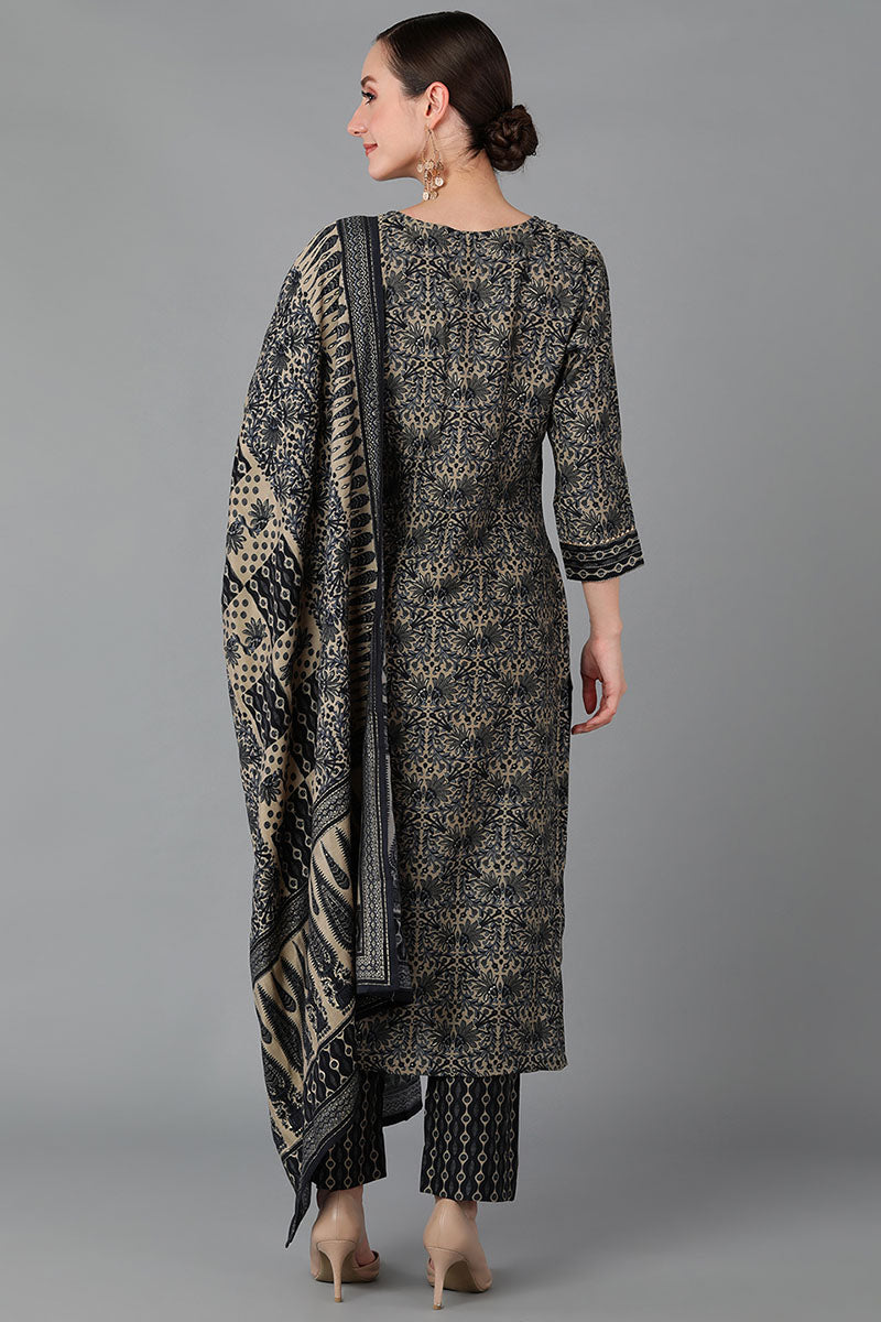 Ahika Women Black Silk Blend Printed Kurta Trousers With Dupatta