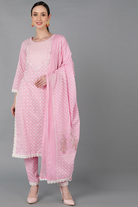 Ahika Women Pink Pure Cotton Yoke Design Kurta Set 