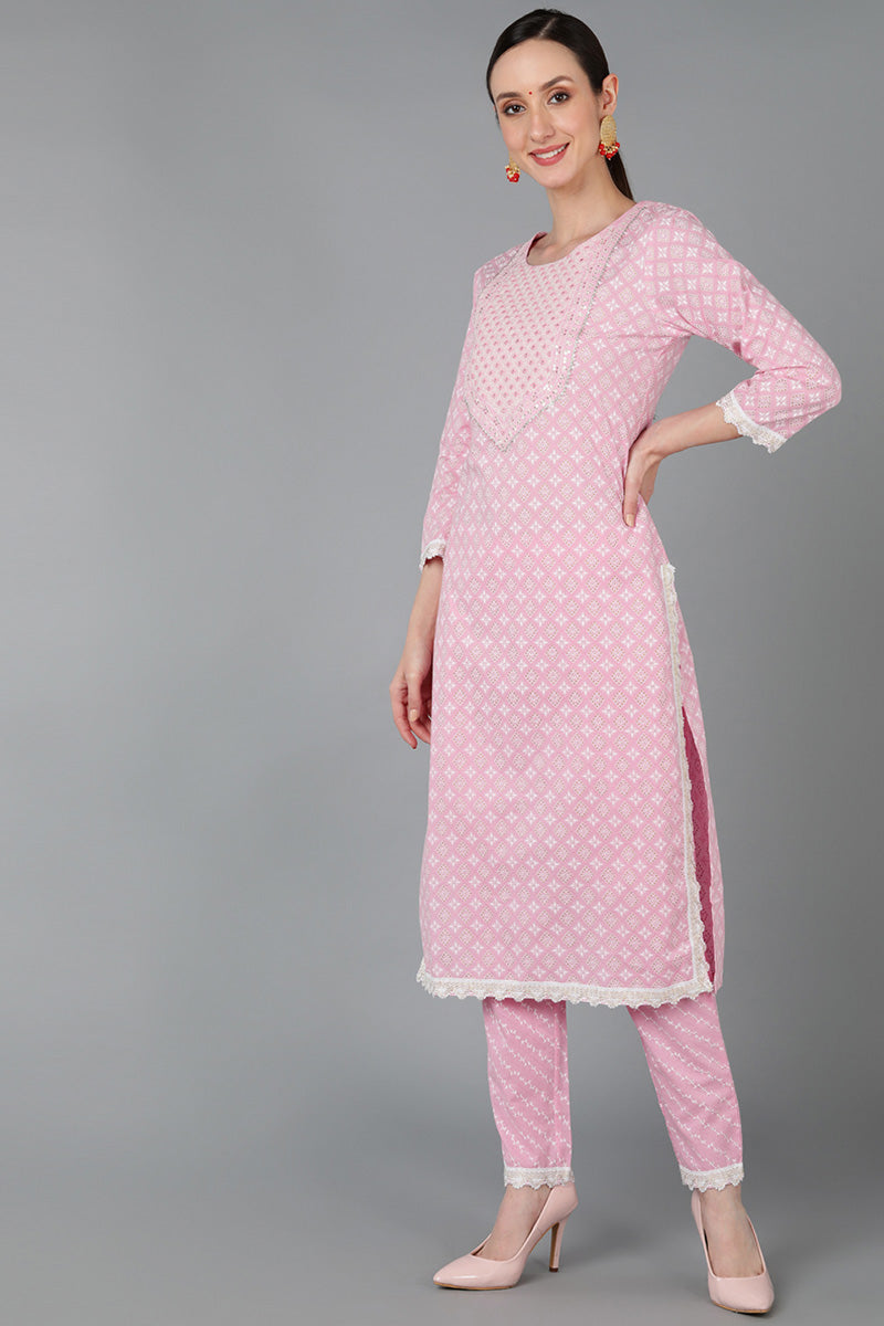Ahika Women Pink Pure Cotton Yoke Design Kurta Set 