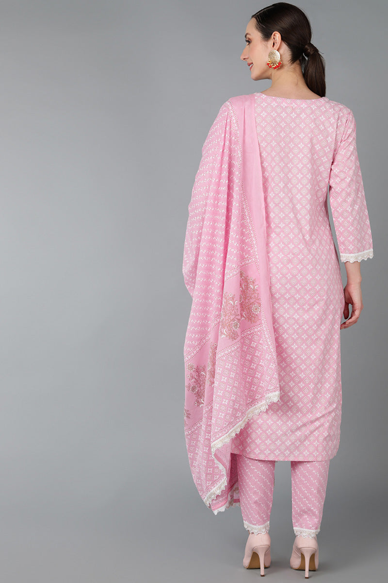 Ahika Women Pink Pure Cotton Yoke Design Kurta Set 