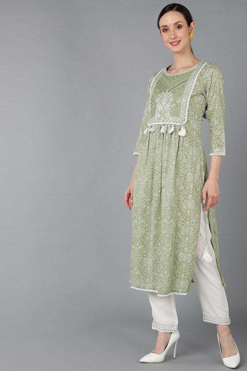 Ahika Women Green Pure Cotton Yoke Design Bandhani Kurta Set 