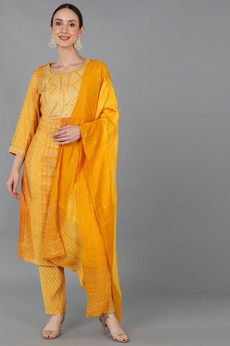 Mustard Silk Blend Ethnic Motifs Straight Kurta Trousers With Dupatta 