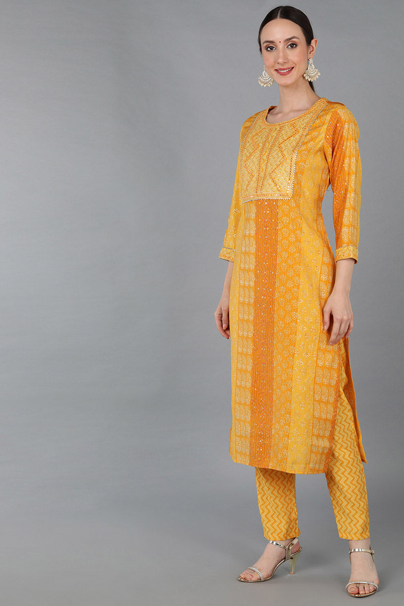 Mustard Silk Blend Ethnic Motifs Straight Kurta Trousers With Dupatta 