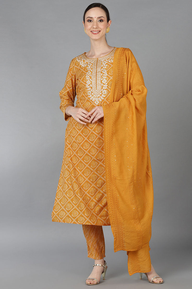 Orange Silk Blend Bandhani Straight Kurta Trousers With Dupatta 