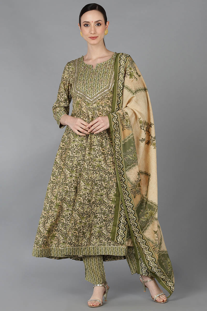 Beige Silk Blend Ethnic Motifs Anarkali Kurta Trousers With Dupatta 