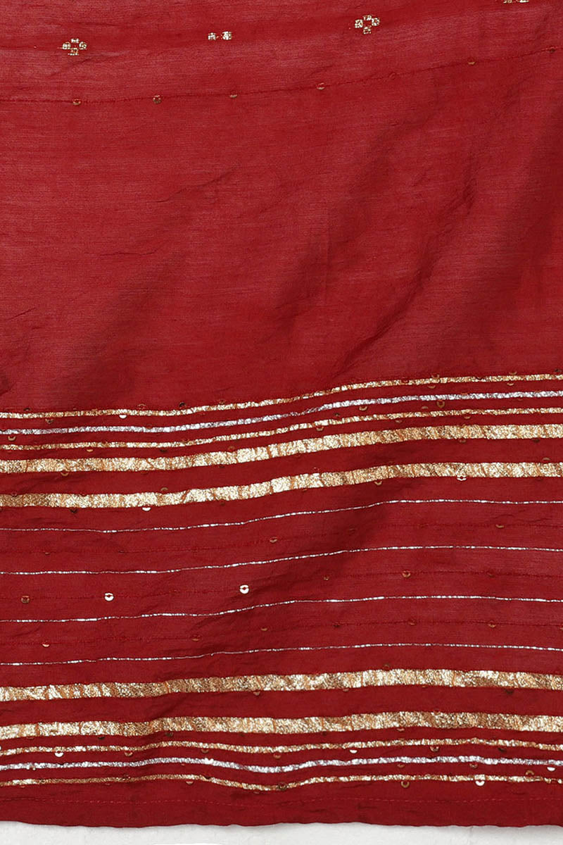 Red Cotton Blend Ethnic Motifs Straight Kurta Trousers With Dupatta 