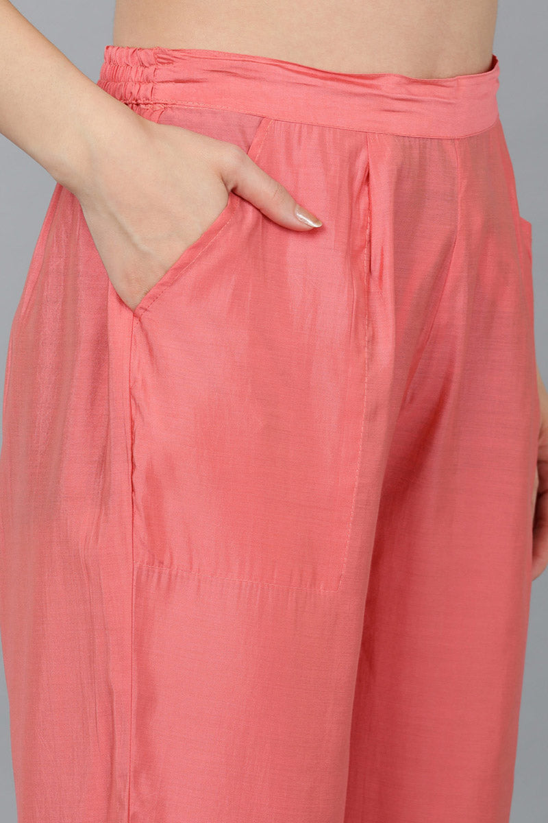 Peach Silk Blend Abstract Straight Kurta Trousers With Dupatta 