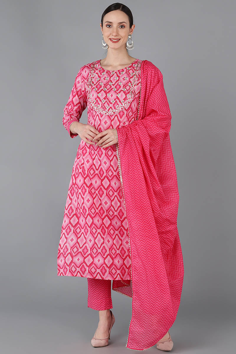 Pink Pure Cotton Gotta Patti Straight Suit Set VKSKD1674