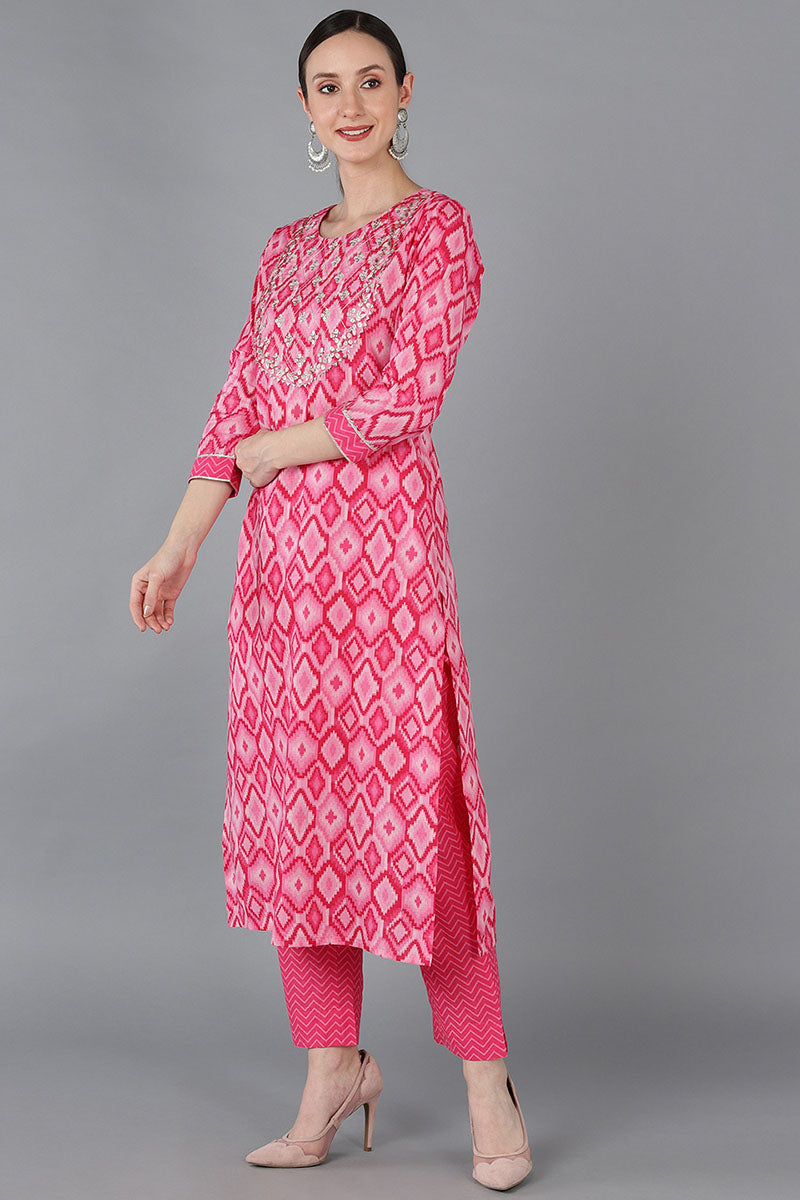 Pink Pure Cotton Gotta Patti Straight Suit Set VKSKD1674