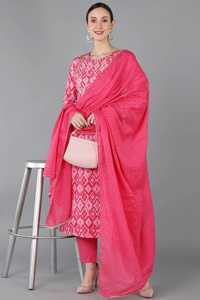 Pink Pure Cotton Gotta Patti Straight Suit Set VKSKD1674