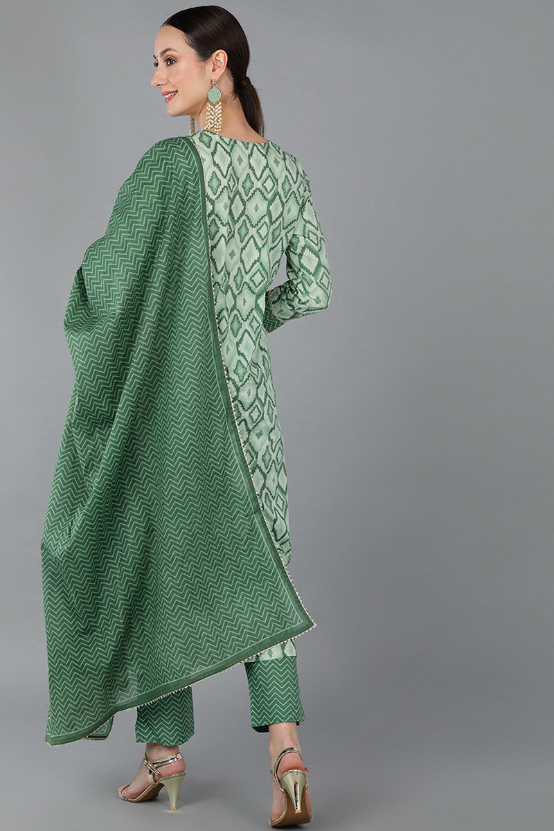 Green Pure Cotton Abstract Straight Kurta Trousers With Dupatta 