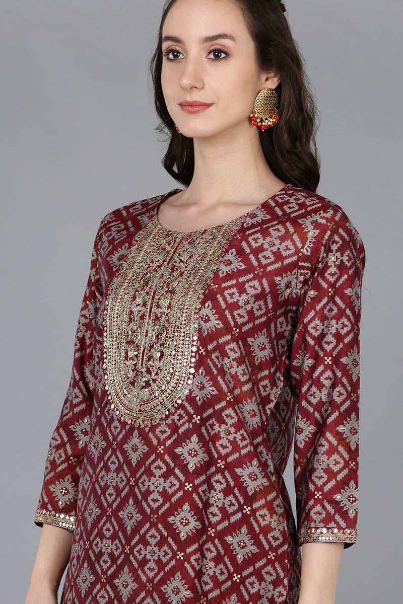 Maroon Silk Blend Abstract Straight Kurta Trousers With Dupatta 