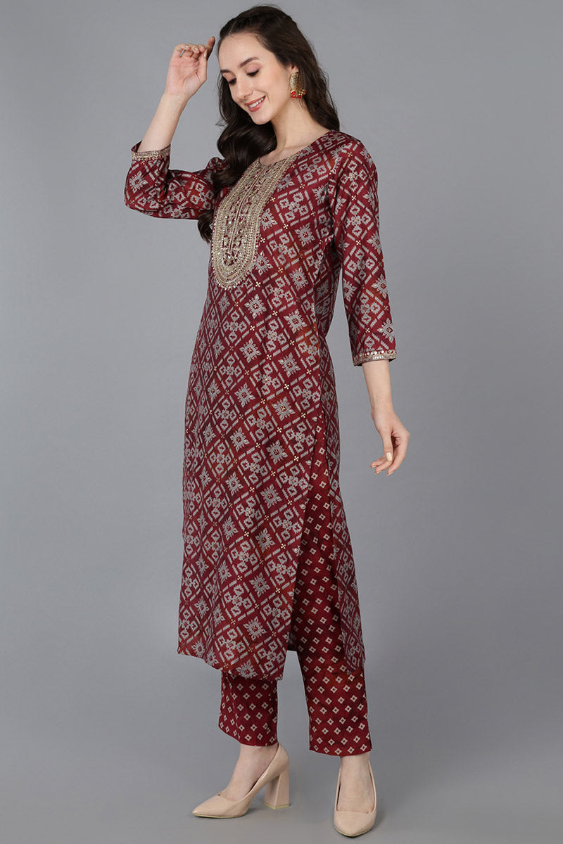 Maroon Silk Blend Abstract Straight Kurta Trousers With Dupatta 