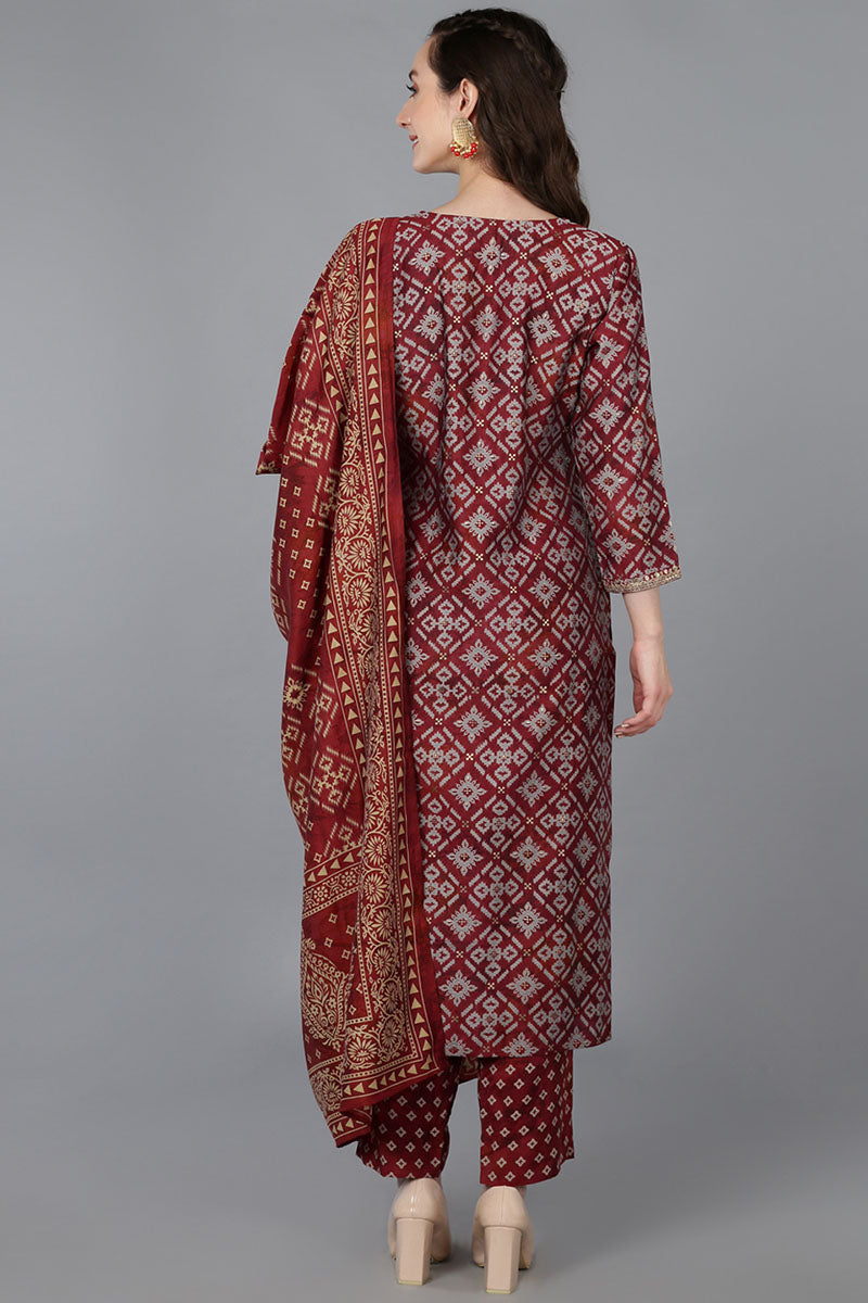 Maroon Silk Blend Abstract Straight Kurta Trousers With Dupatta 