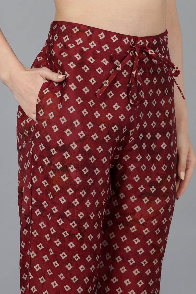 Maroon Silk Blend Abstract Straight Kurta Trousers With Dupatta 