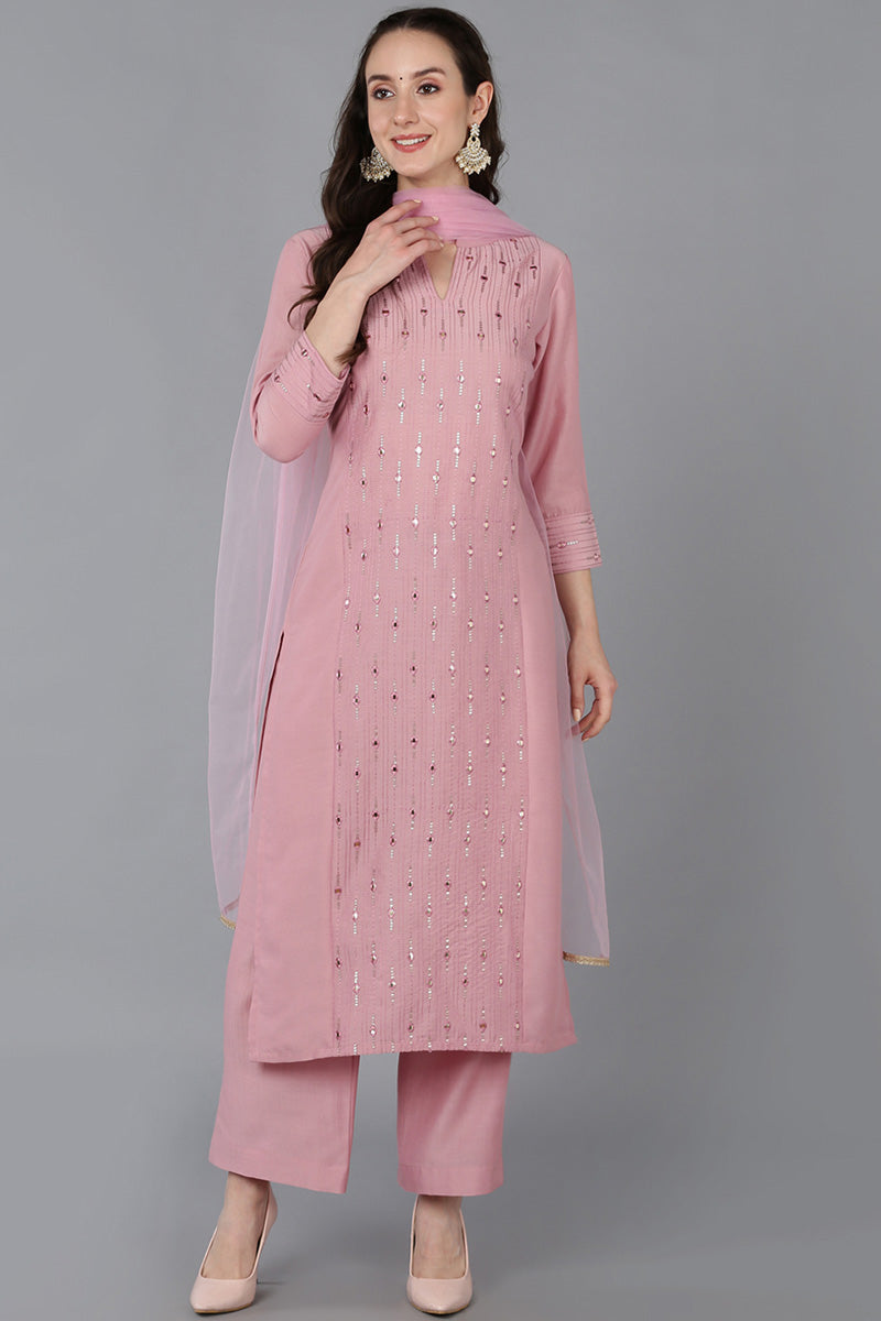 Pink Silk Blend Solid Straight Kurta Sharara With Dupatta 