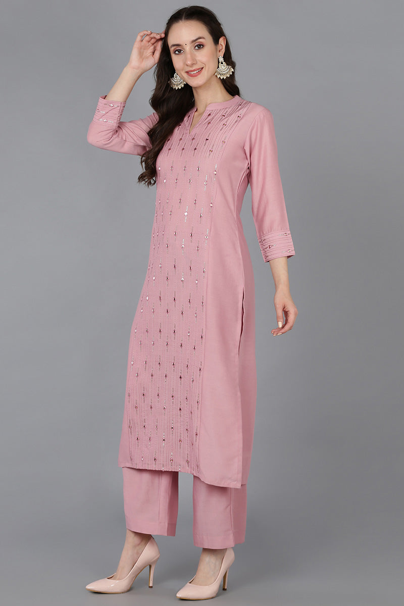 Pink Silk Blend Solid Straight Suit Set VKSKD1694