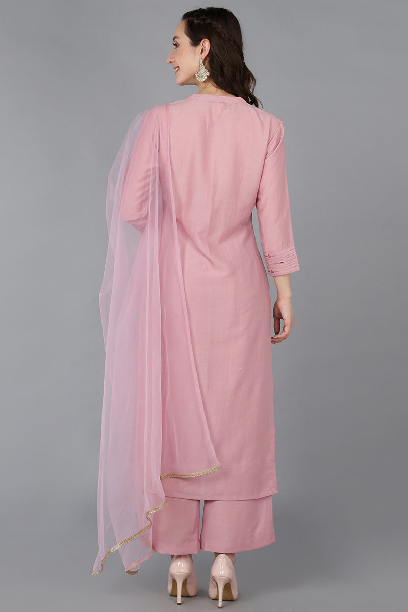 Pink Silk Blend Solid Straight Suit Set VKSKD1694