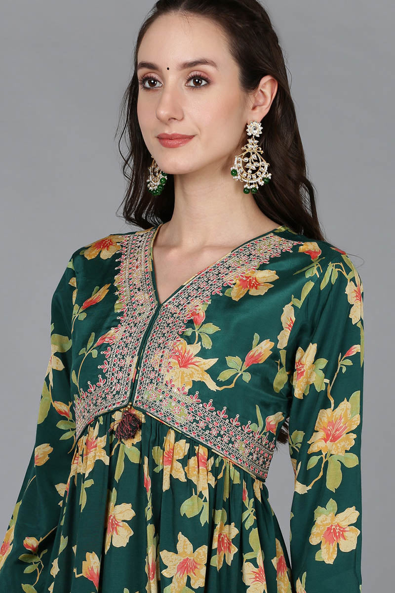 Green Chanderi Silk Floral A-Line Kurta Trousers With Dupatta 