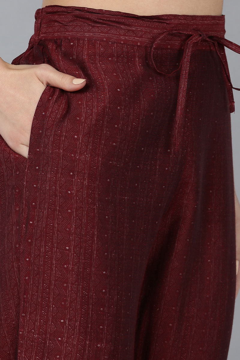 Maroon Silk Blend Geometric Straight Kurta Trousers With Dupatta 