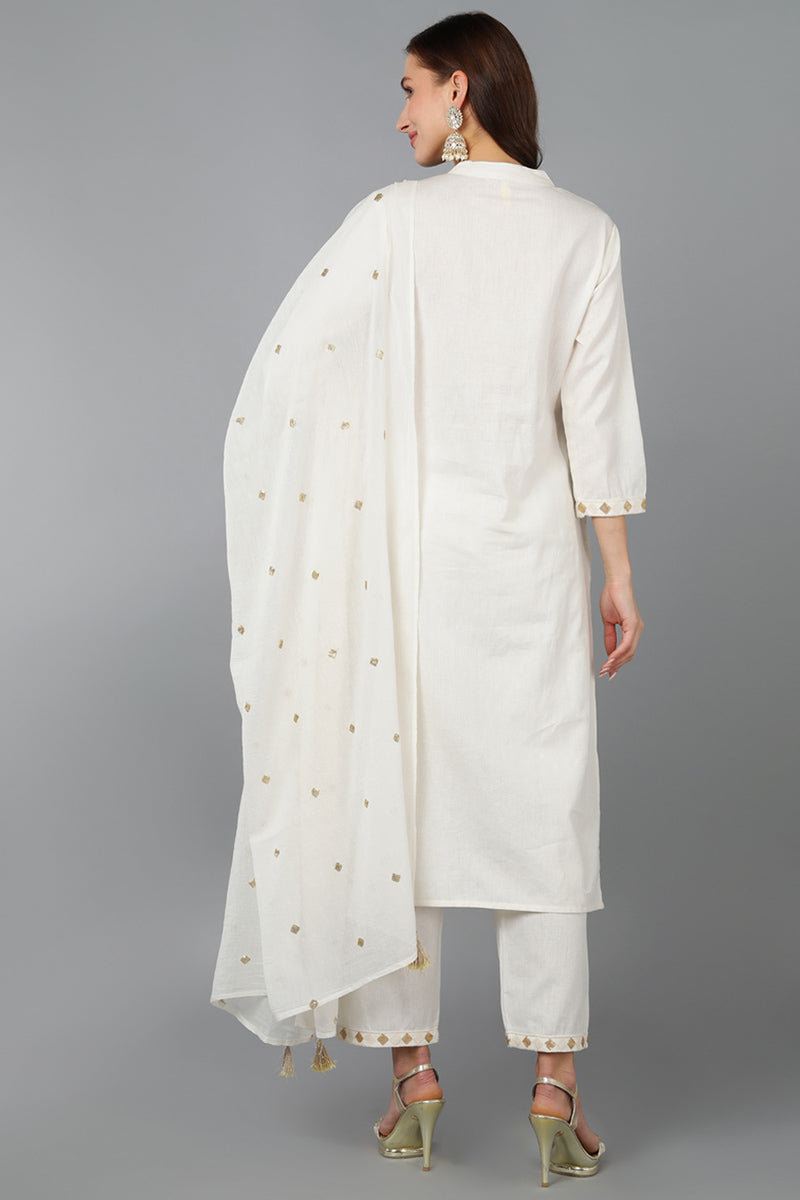 White Pure Cotton Ethnic Motifs Straight Kurta Trousers With Dupatta 