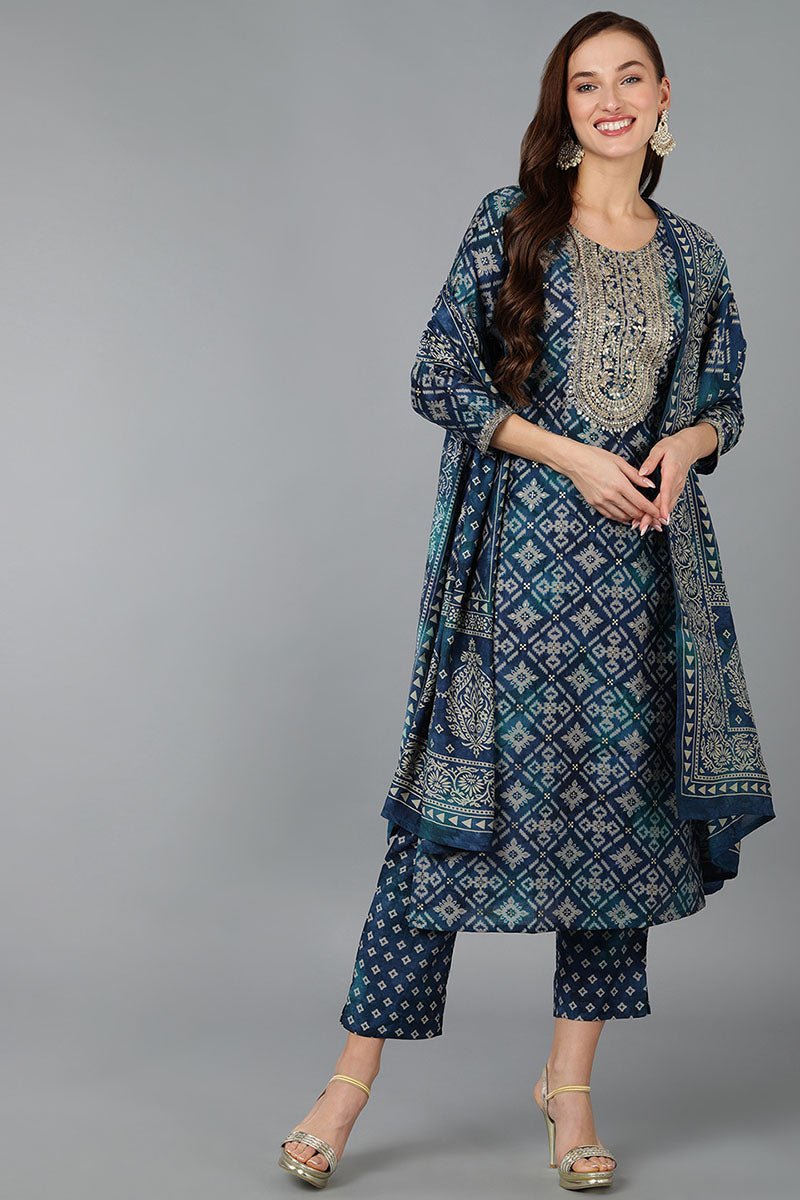 Blue Silk Blend Abstract Straight Kurta Trousers With Dupatta VKSKD1700