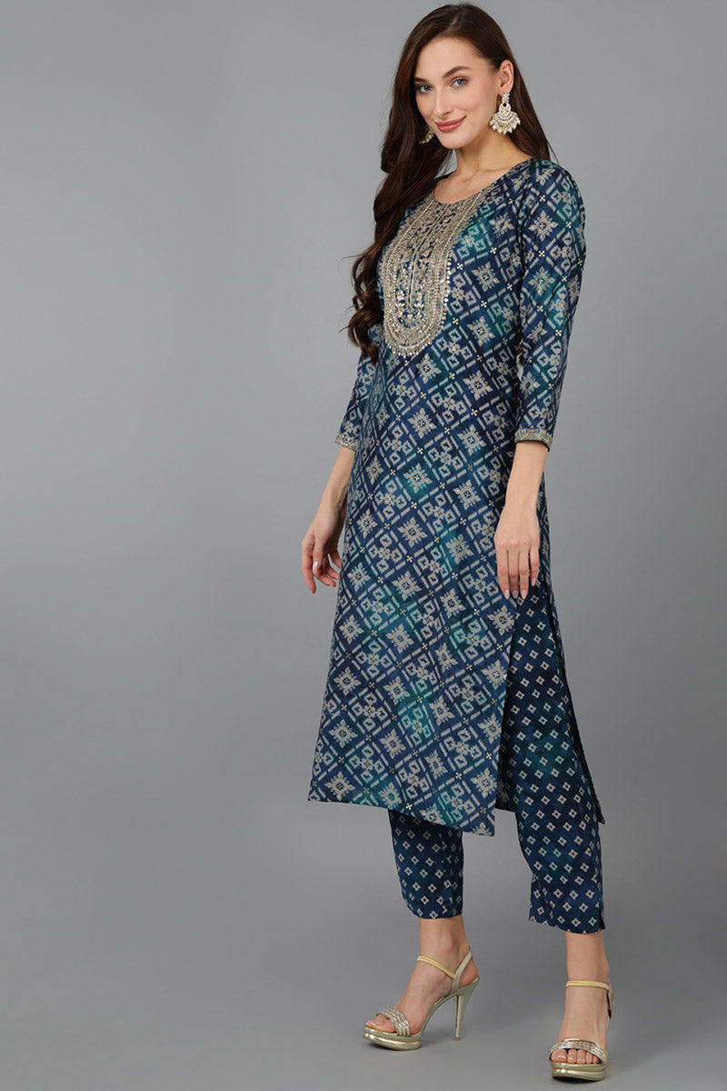 Blue Silk Blend Abstract Straight Kurta Trousers With Dupatta VKSKD1700