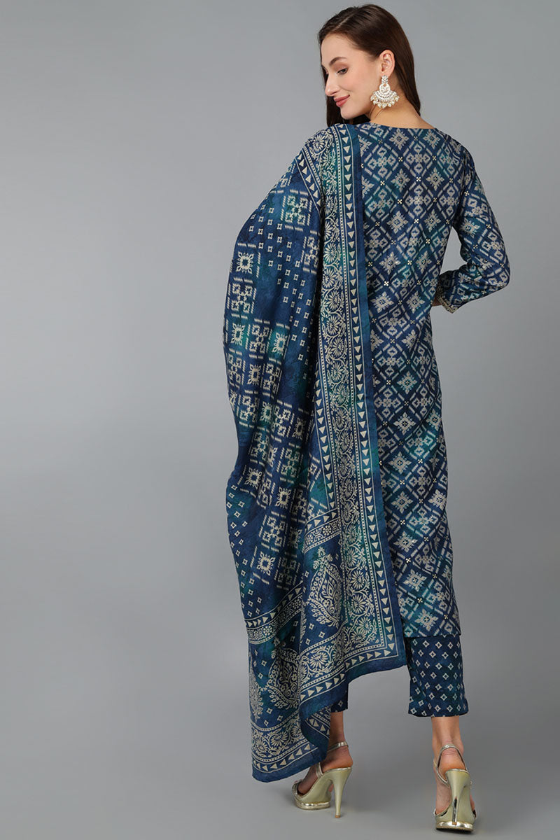 Blue Silk Blend Abstract Straight Kurta Trousers With Dupatta 