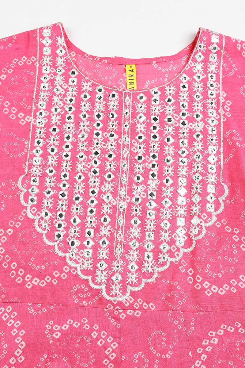 Pink Pure Cotton Bandhani Anarkali Kurta Trousers With Dupatta 