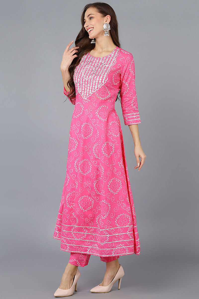 Pink Pure Cotton Bandhani Anarkali Kurta Trousers With Dupatta 