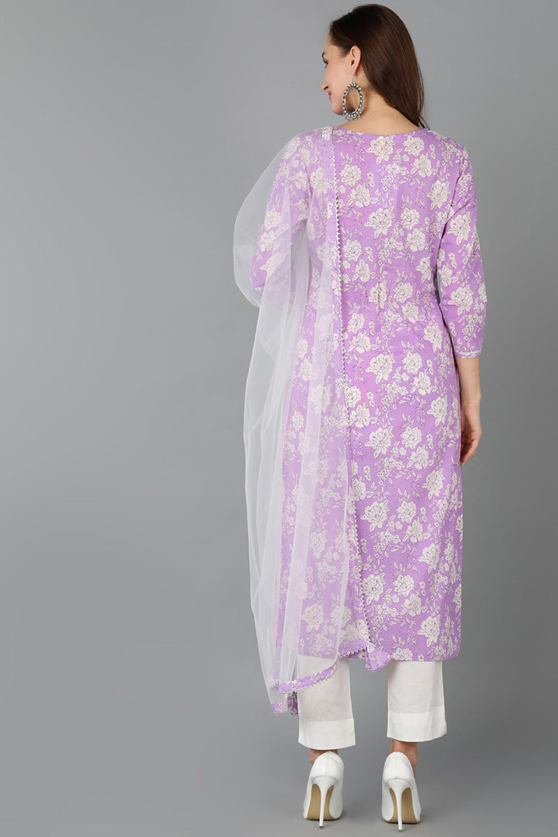 Purple Rayon blend Floral Straight Kurta Pant With Dupatta VKSKD1715