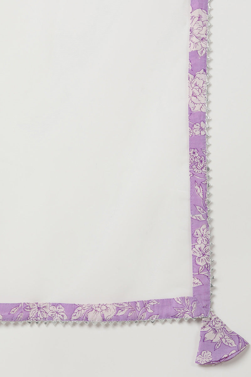 Purple Pure Cotton Floral Straight Kurta Pant With Dupatta