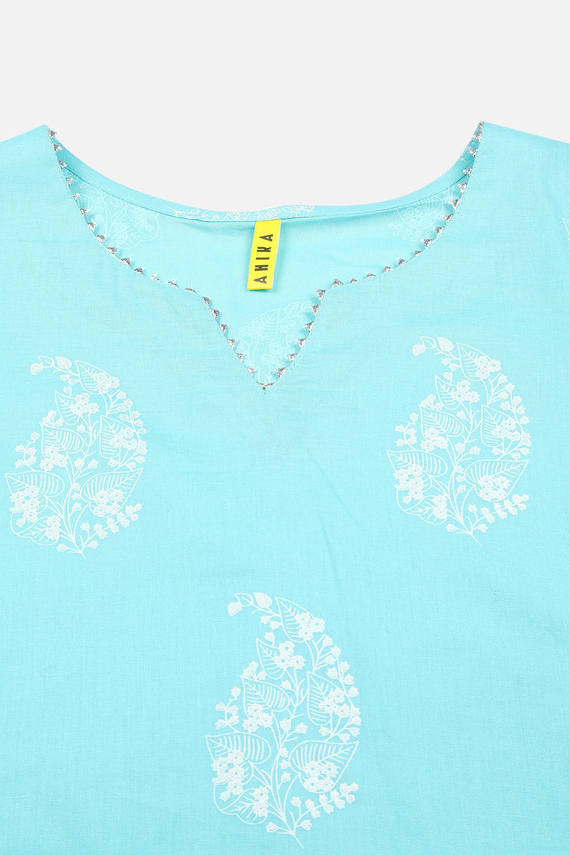 Turquoise Blue Pure Cotton Paisley Straight Kurta Pant With Dupatta